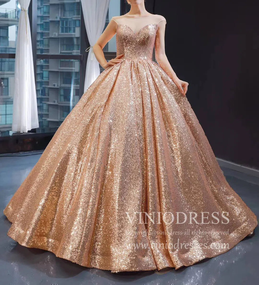 Prom Dress 2025 Sparkly Rose Gold Sequin Quinceanera Dresses Sweet 15 Dress Wedding Gown 66565 viniodress-unique prom dresses-Rose Gold-Custom Size-Viniodress