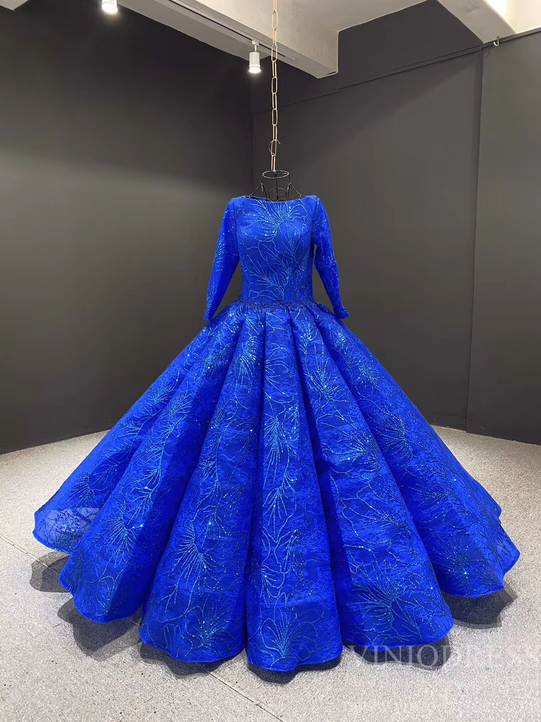 Prom Dress 2025 Sparkly Royal Blue Ball Gown Sweet 16 Dress 66530 Long Sleeve-unique prom dresses-Royal Blue-Custom Size-Viniodress