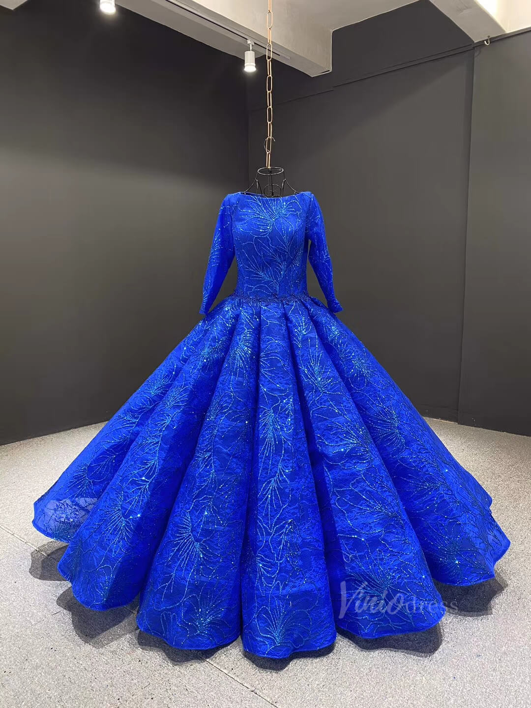 Prom Dress 2025 Sparkly Royal Blue Ball Gown Sweet 16 Dress 66530 Long Sleeve-unique prom dresses-Royal Blue-Custom Size-Viniodress