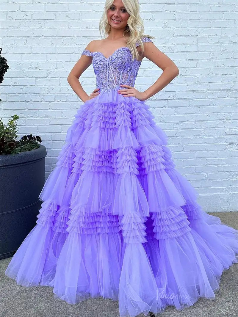 prom dresses 2025-to impress Sparkly Ruffle Tulle Prom Dresses Tiered Formal Dresses FD3395B-plus size wedding dresses Viniodress-Blue-Custom Size-