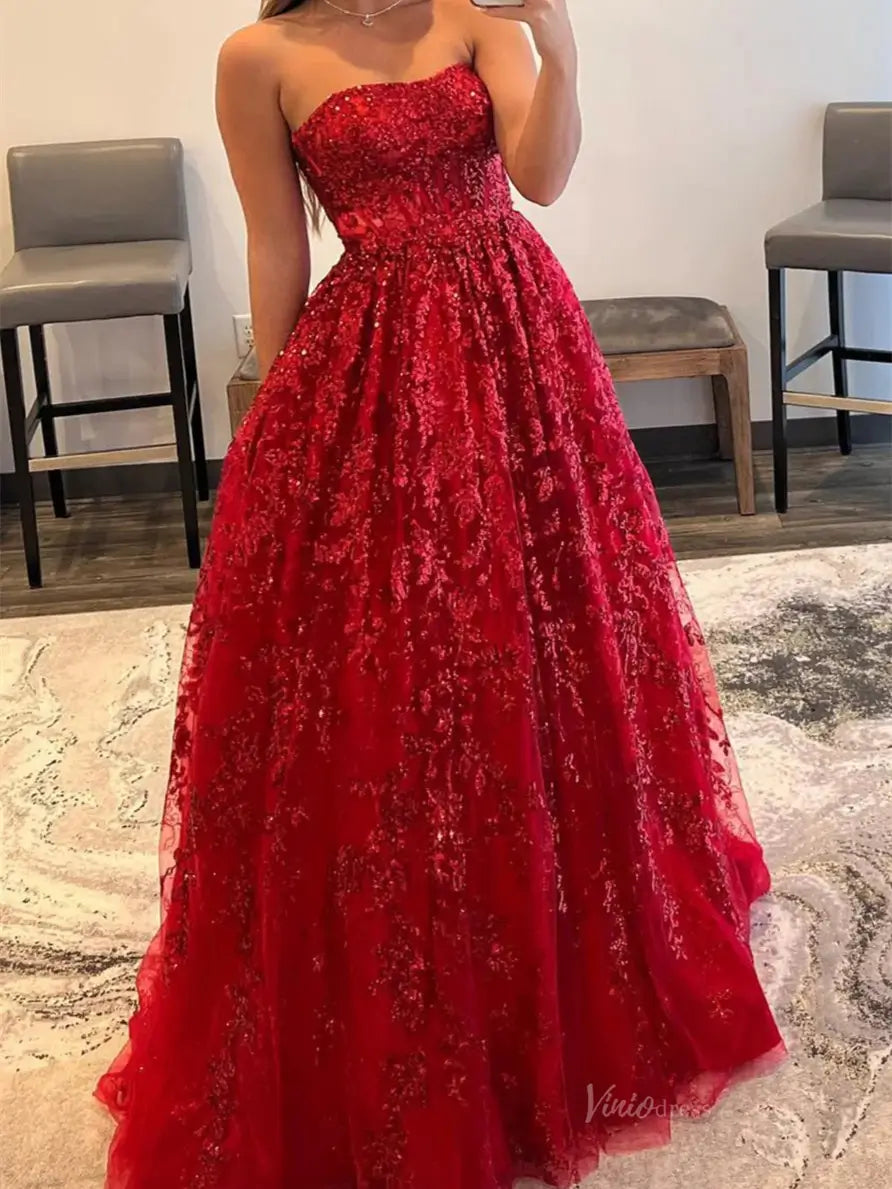 prom dresses 2025 Sparkly Sequin Lace Prom Dresses with Pockets Strapless Formal Dress - FD5138-plus size wedding dresses Viniodress-Red-Custom Size-