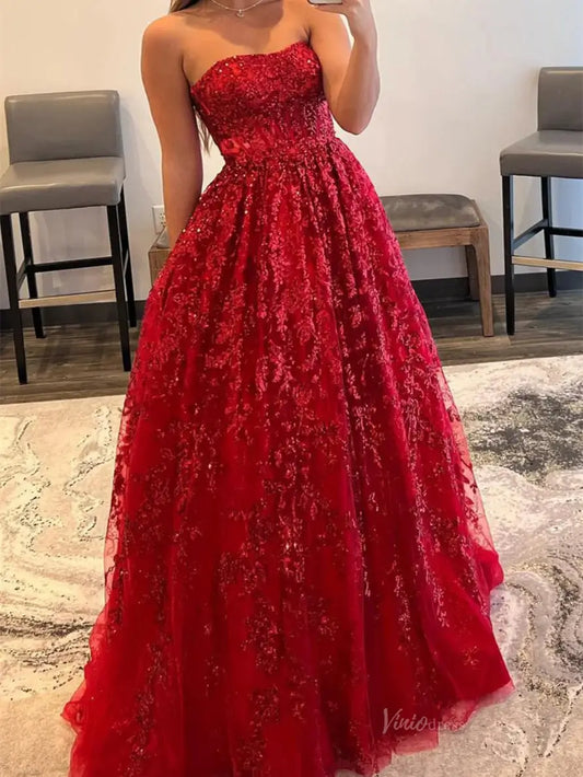 prom dresses 2025 Sparkly Sequin Lace Prom Dresses with Pockets Strapless Formal Dress - FD5138-plus size wedding dresses Viniodress-Red-Custom Size-