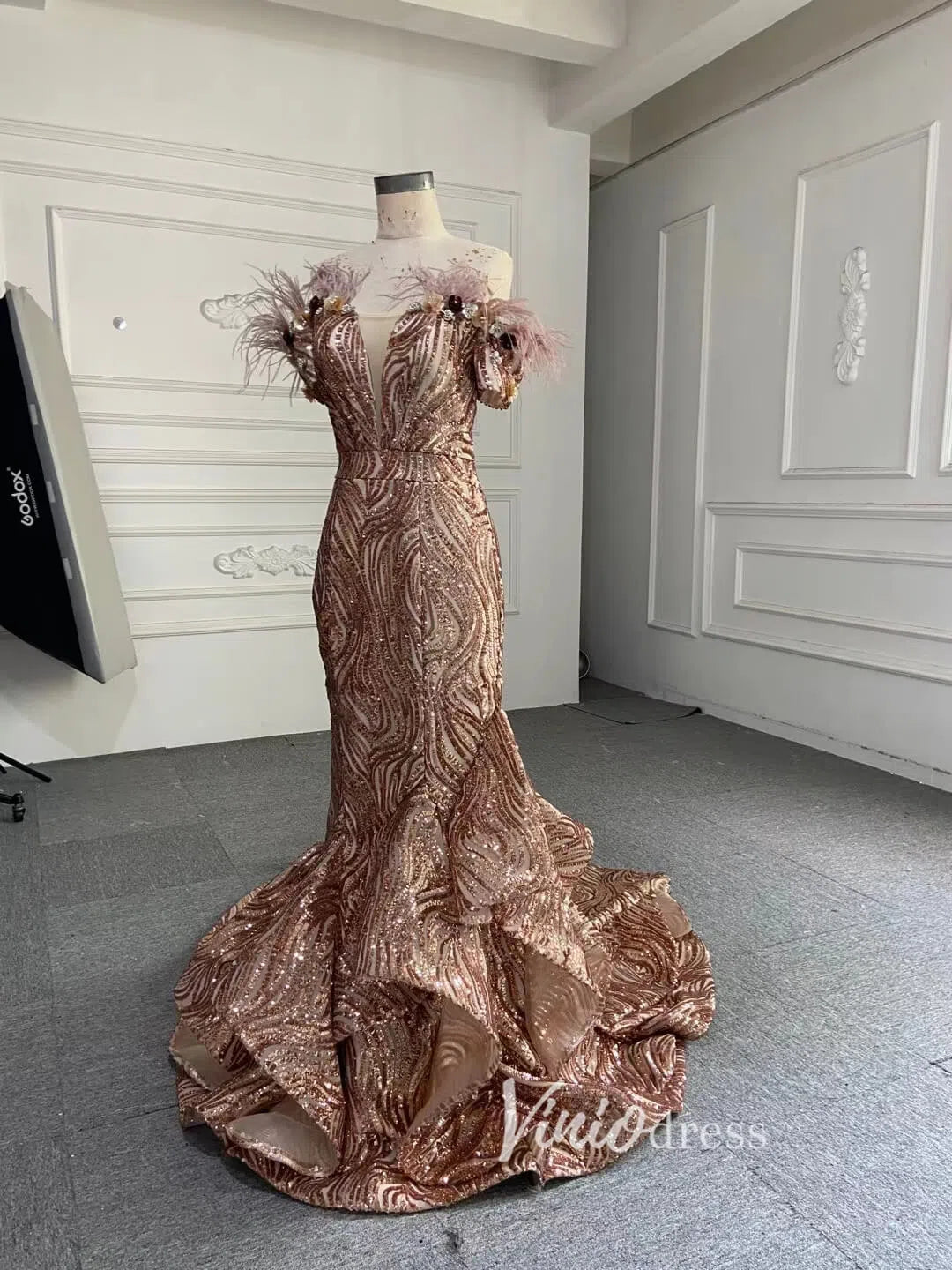 Prom Dress 2025 Sparkly Sequin Mermaid Prom Dresses Brown Feather Pageant Gowns 66749-unique prom dresses-Rose Gold-US 2-Viniodress