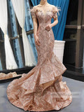 Prom Dress 2025 Sparkly Sequin Mermaid Prom Dresses Brown Feather Pageant Gowns 66749-unique prom dresses-Rose Gold-US 2-Viniodress