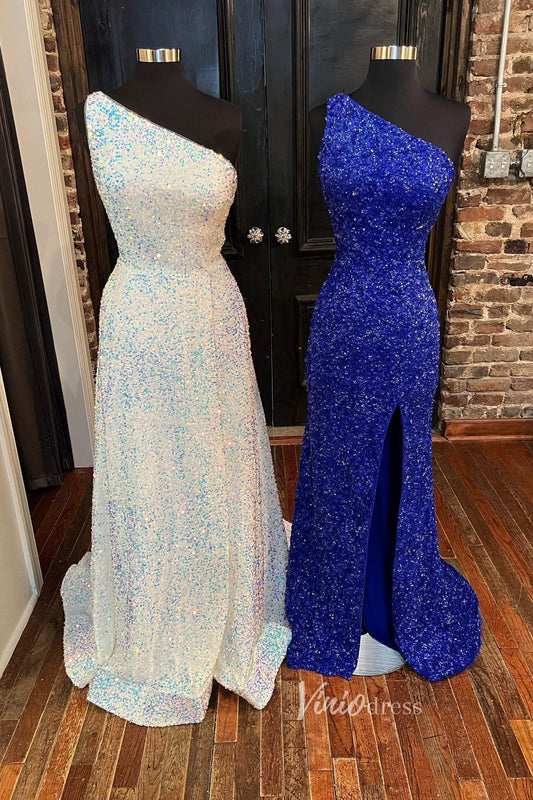 Prom Dress 2025 Sparkly Sequin Prom Dress One Shoulder Evening Dresses FD2968-unique prom dresses-White-Custom Size-Viniodress