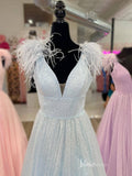 Prom Dress 2025 Sparkly Sequin Tulle Prom Dresses Feather Shoulder V-Neck FD4013-unique prom dresses-Light Blue-Custom Size-Viniodress