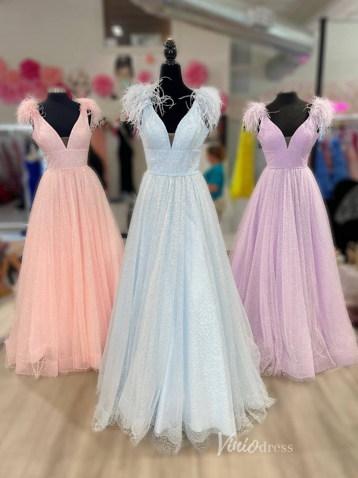 Prom Dress 2025 Sparkly Sequin Tulle Prom Dresses Feather Shoulder V-Neck FD4013-unique prom dresses-Light Blue-Custom Size-Viniodress