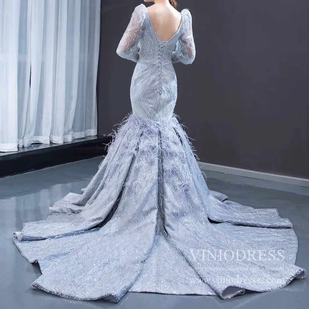 Prom Dress 2025 Sparkly Silver Mermaid Pageant Dresses with Long Sleeves FD1800 viniodress-unique prom dresses-Grey-Custom Size-Viniodress