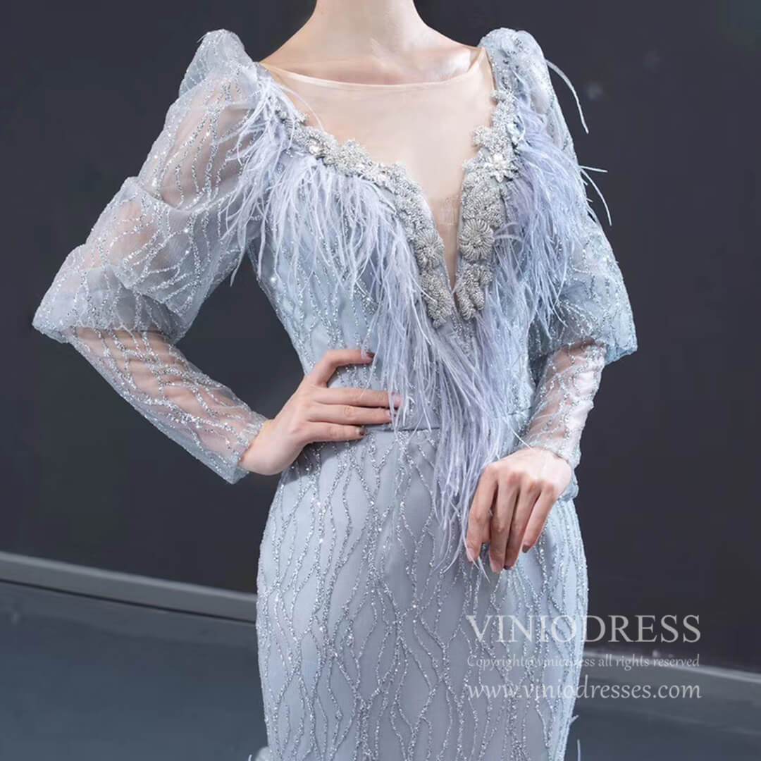 Prom Dress 2025 Sparkly Silver Mermaid Pageant Dresses with Long Sleeves FD1800 viniodress-unique prom dresses-Grey-Custom Size-Viniodress