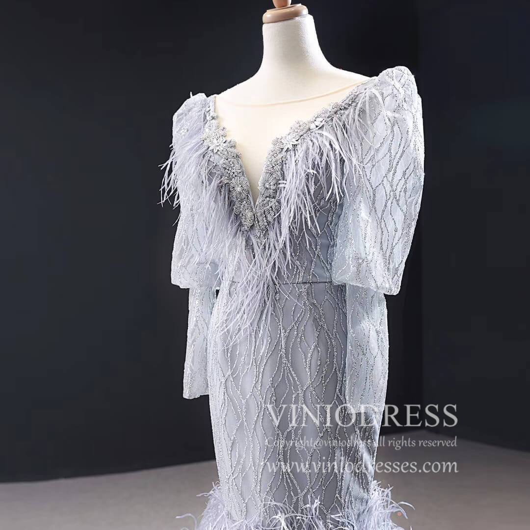 Prom Dress 2025 Sparkly Silver Mermaid Pageant Dresses with Long Sleeves FD1800 viniodress-unique prom dresses-Grey-Custom Size-Viniodress