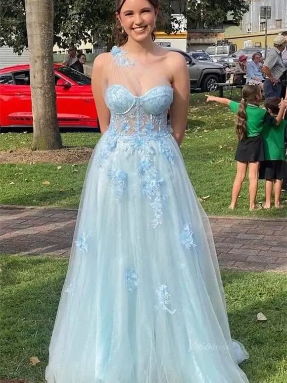 Sparkly Tulle Lace Prom Dresses 2025 One Shoulder Formal Gown with Slit - FD5158 - Viniodressprom dressesBlueCustom Size - Formal Dresses - Ball Gowns