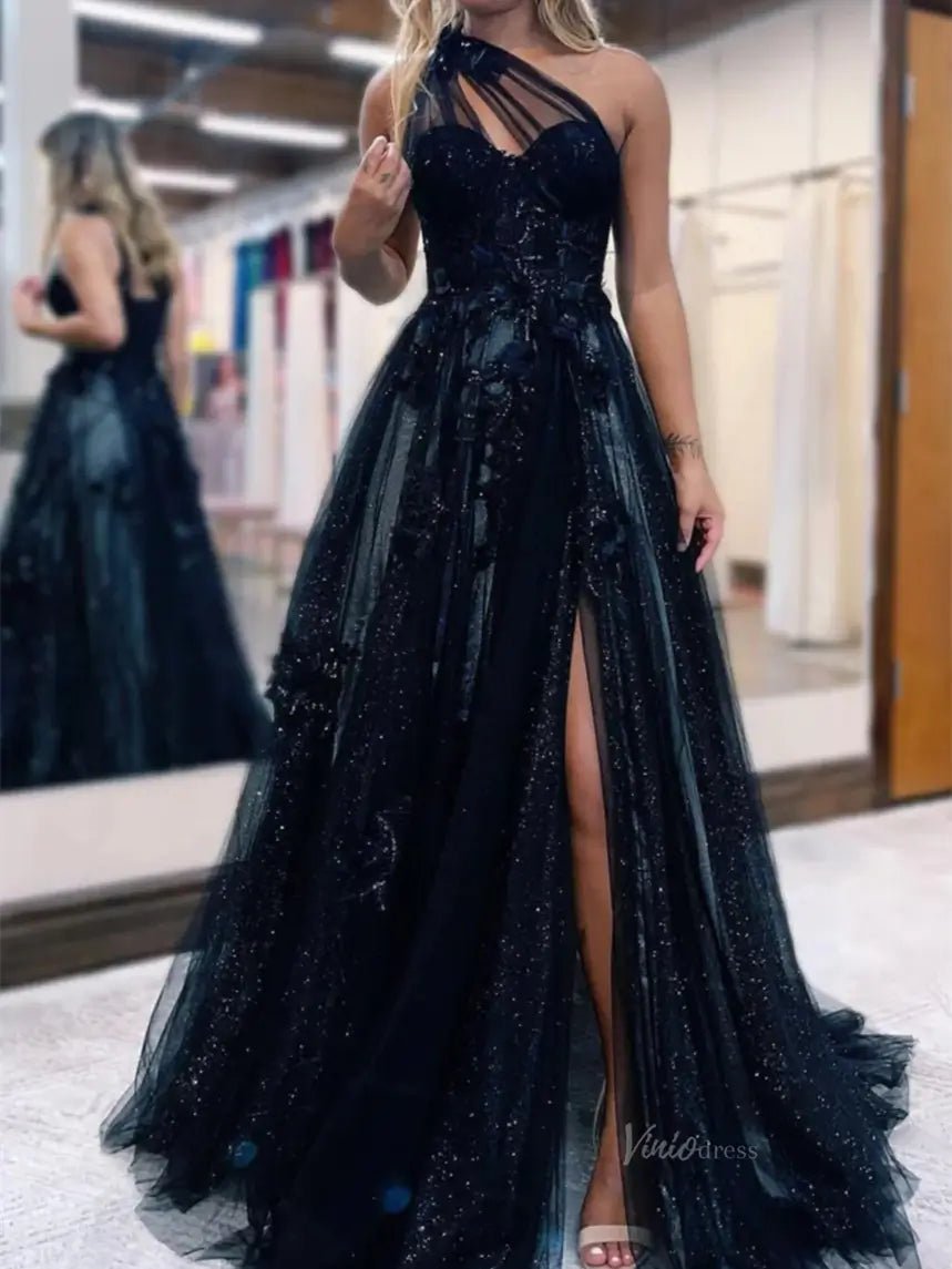 Sparkly Tulle Lace Prom Dresses 2025 One Shoulder Formal Gown with Slit - FD5158 - Viniodressprom dressesBlackCustom Size - Formal Dresses - Ball Gowns