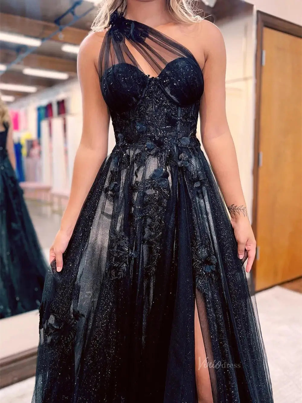 prom dresses 2025 Sparkly Tulle Lace Prom Dresses 2025 One Shoulder Formal Gown with Slit - FD5158-plus size wedding dresses Viniodress-Black-Custom Size-