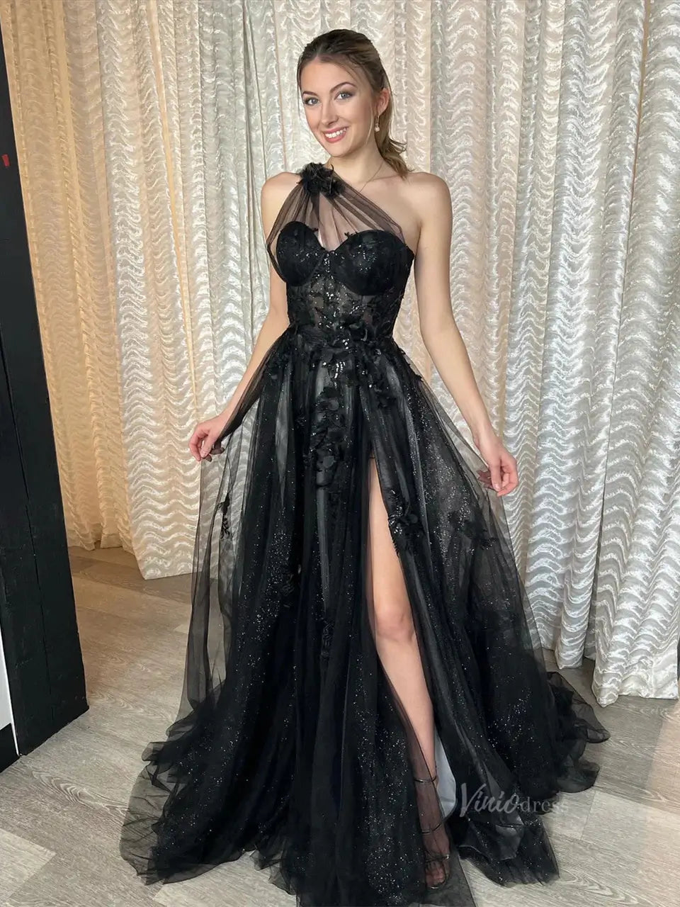 prom dresses 2025 Sparkly Tulle Lace Prom Dresses 2025 One Shoulder Formal Gown with Slit - FD5158-plus size wedding dresses Viniodress-Black-Custom Size-