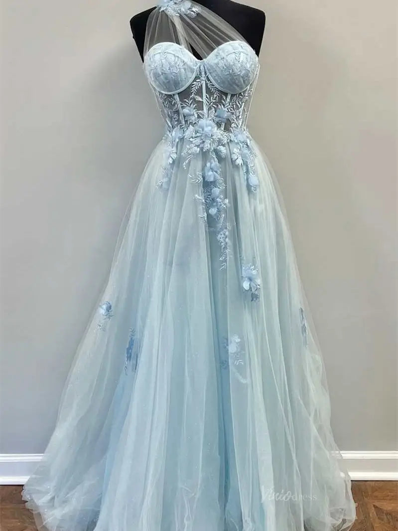 prom dresses 2025 Sparkly Tulle Lace Prom Dresses 2025 One Shoulder Formal Gown with Slit - FD5158-plus size wedding dresses Viniodress-Blue-Custom Size-