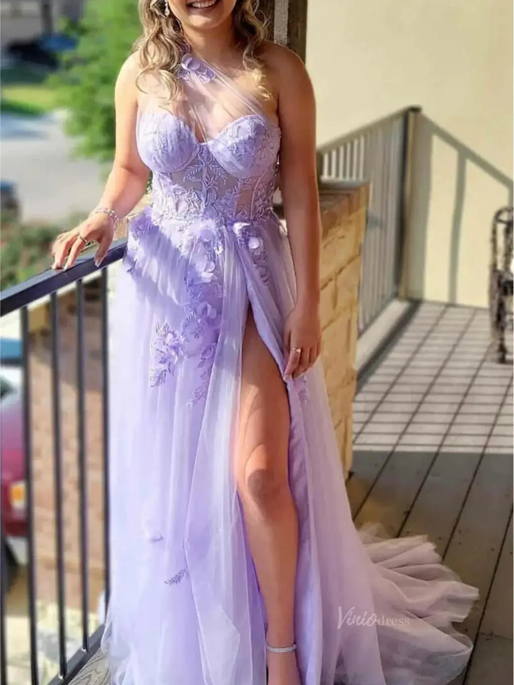 prom dresses 2025 Sparkly Tulle Lace Prom Dresses 2025 One Shoulder Formal Gown with Slit - FD5158-plus size wedding dresses Viniodress-Lavender-Custom Size-