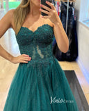 Prom Dress 2025 Emerald Green Lace Applique Prom Dresses Strapless Evening Dress FD3351-unique prom dresses-Emerald Green-Custom Size-Viniodress