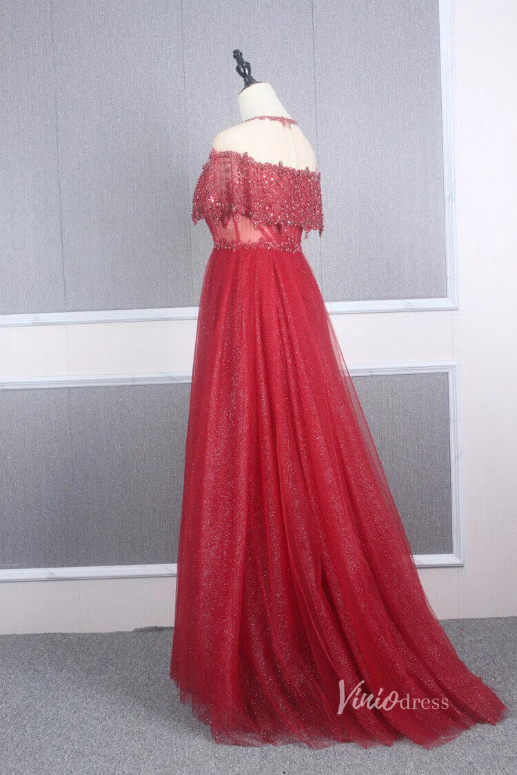 Prom Dress 2025 Sparkly Tulle Prom Dress Beaded A-line Long Formal Dress FD2777-unique prom dresses-Red-US 2-Viniodress