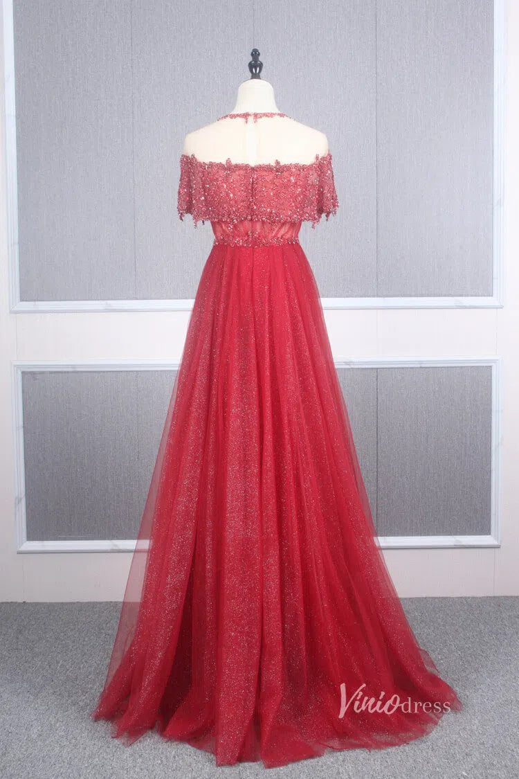 Prom Dress 2025 Sparkly Tulle Prom Dress Beaded A-line Long Formal Dress FD2777-unique prom dresses-Red-US 2-Viniodress