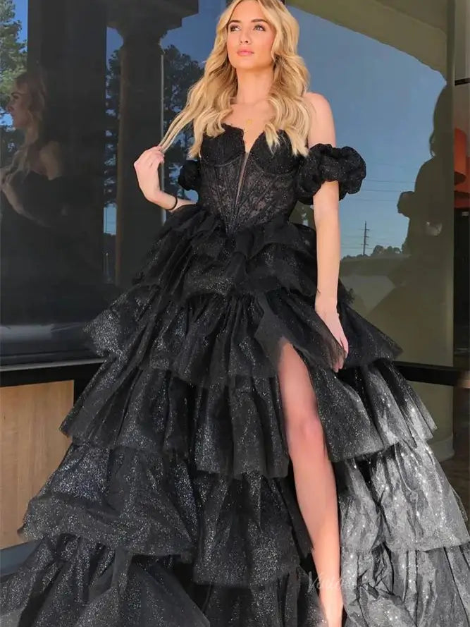 prom dresses 2025 Sparkly Tulle Tiered Prom Dresses with Slit Puffed Sleeve Off the Shoulder Formal Gown - FD3713-plus size wedding dresses Viniodress-Black-Custom Size-