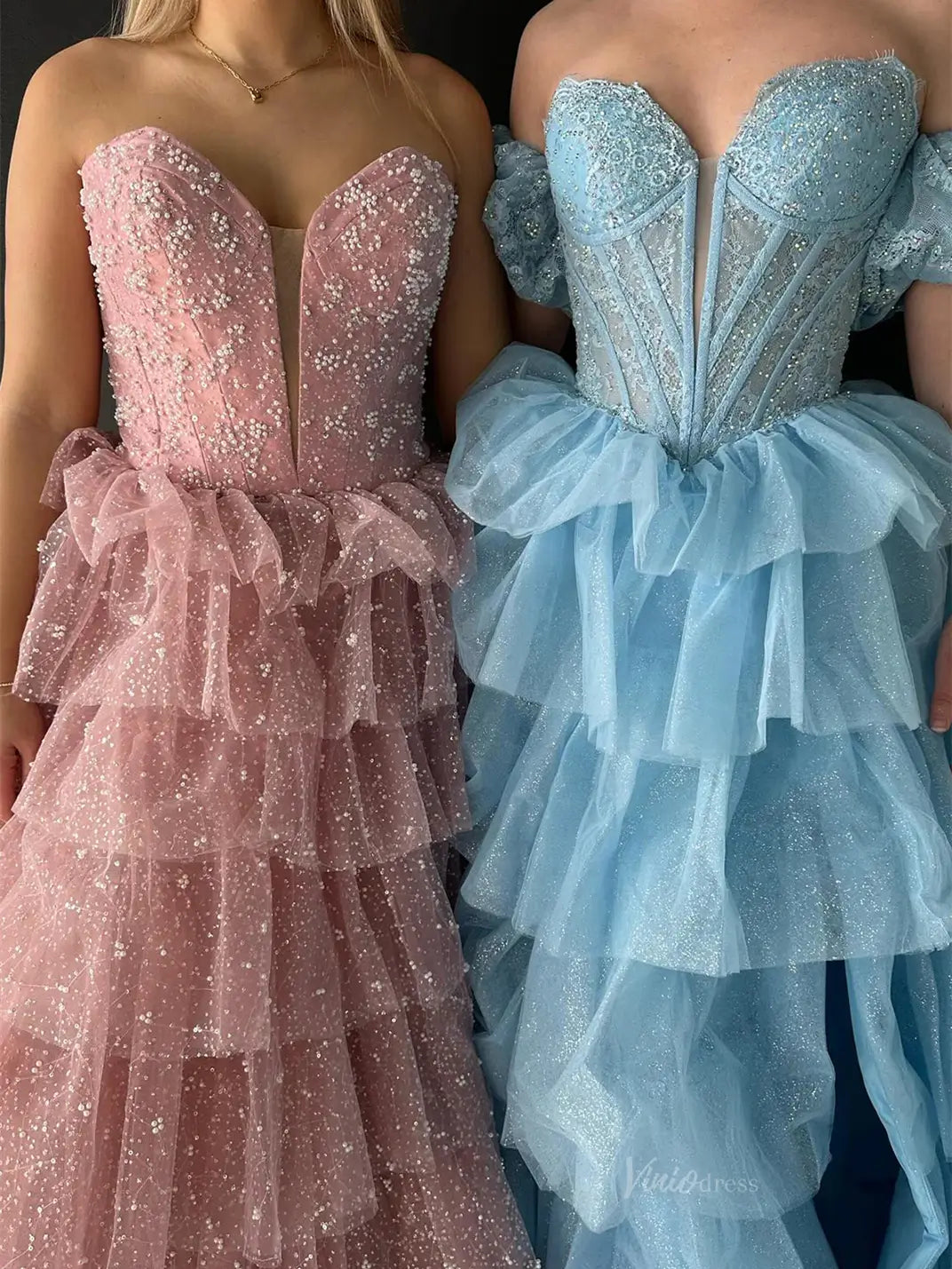 prom dresses 2025 Sparkly Tulle Tiered Prom Dresses with Slit Puffed Sleeve Off the Shoulder Formal Gown - FD3713-plus size wedding dresses Viniodress-Dusty Blue-Custom Size-