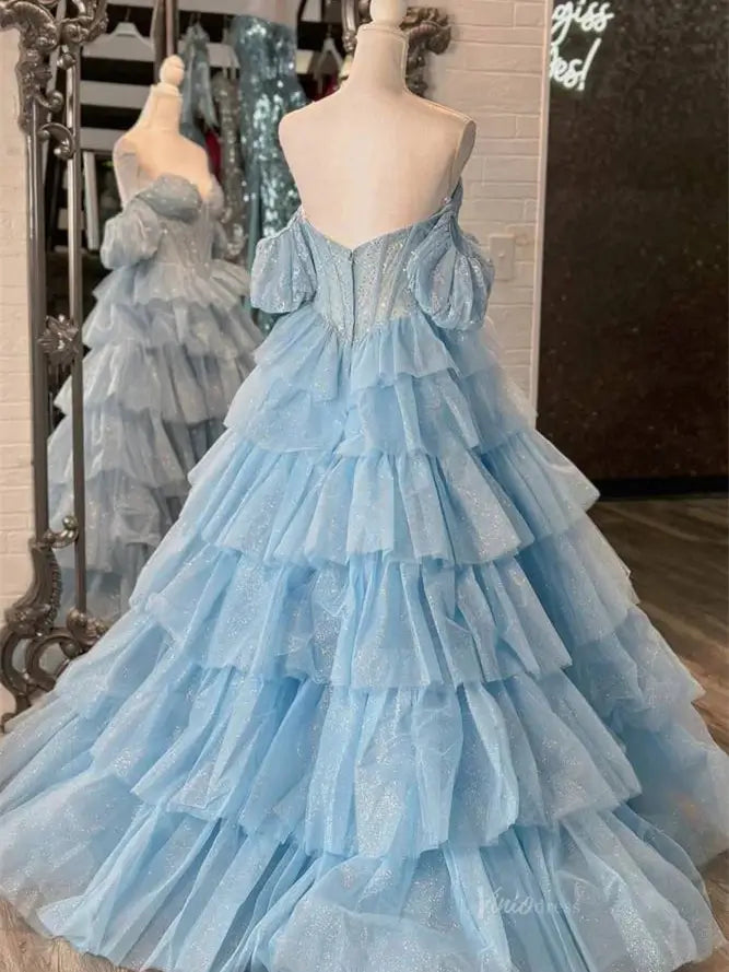 prom dresses 2025 Sparkly Tulle Tiered Prom Dresses with Slit Puffed Sleeve Off the Shoulder Formal Gown - FD3713-plus size wedding dresses Viniodress-Dusty Blue-Custom Size-