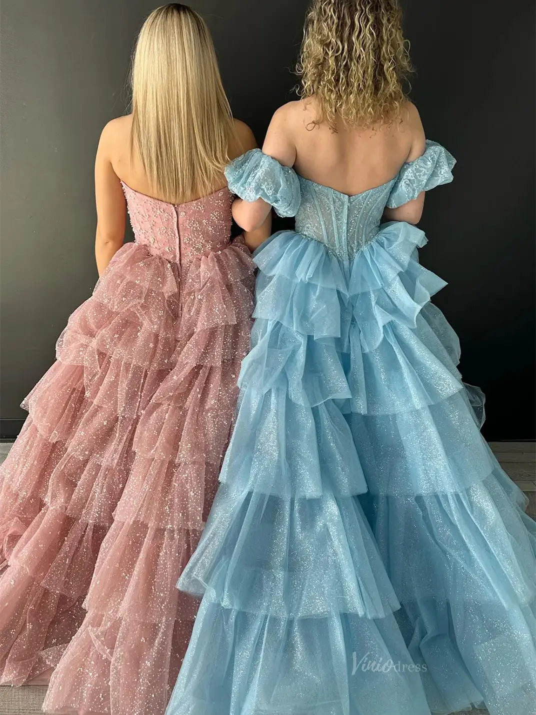 prom dresses 2025 Sparkly Tulle Tiered Prom Dresses with Slit Puffed Sleeve Off the Shoulder Formal Gown - FD3713-plus size wedding dresses Viniodress-Dusty Blue-Custom Size-