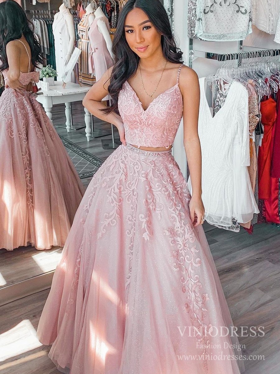 Viniodress Sparkly Two Piece Prom Dresses Spaghetti Strap Lace Appliqued Long Formal Gowns FD2392 Blush Pink US22W