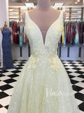 Prom Dress 2025 Sparkly Yellow Lace Long Prom Dresses Plunging V Neck FD1361-unique prom dresses-Yellow-US 2-Viniodress