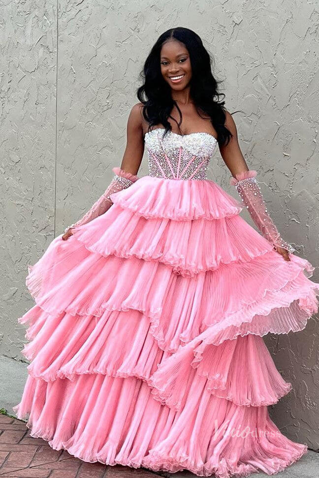 Strapless Beaded Ruffled Prom Dresses Removable Sleeve Boned Bodice FD3994 - Viniodressprom dressesPinkCustom Size - Formal Dresses - Ball Gowns