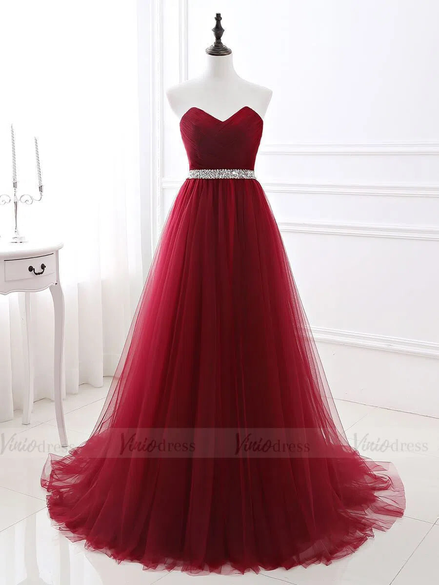 Prom Dress 2025 Cheap Strapless Burgundy Long Tulle Prom Dresses with Corset Back FD1623-unique prom dresses-Burgundy-Custom Size-Viniodress