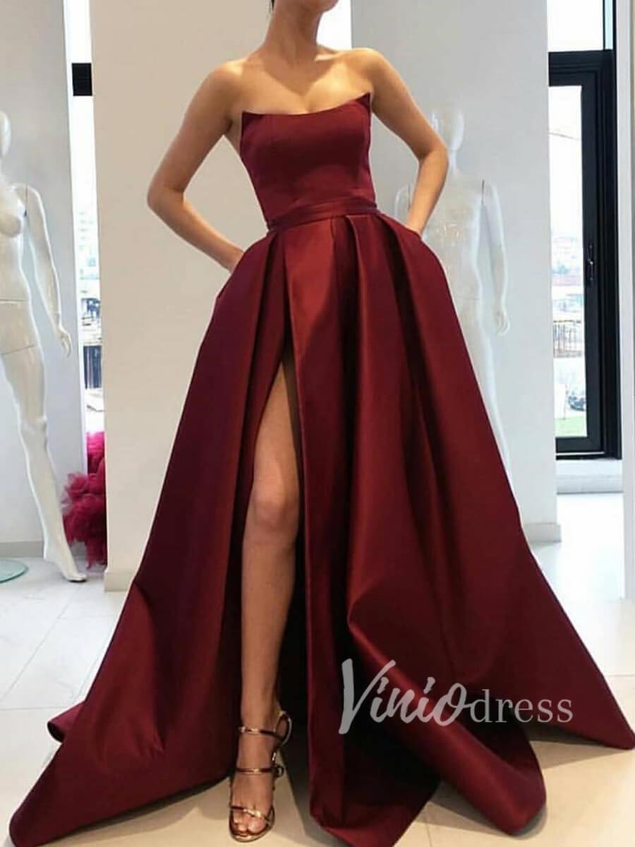 Prom Dress 2025 Strapless Burgundy Satin Prom Dresses with Pockets and High Slit FD1501B-unique prom dresses-Burgundy-Custom Size-Viniodress