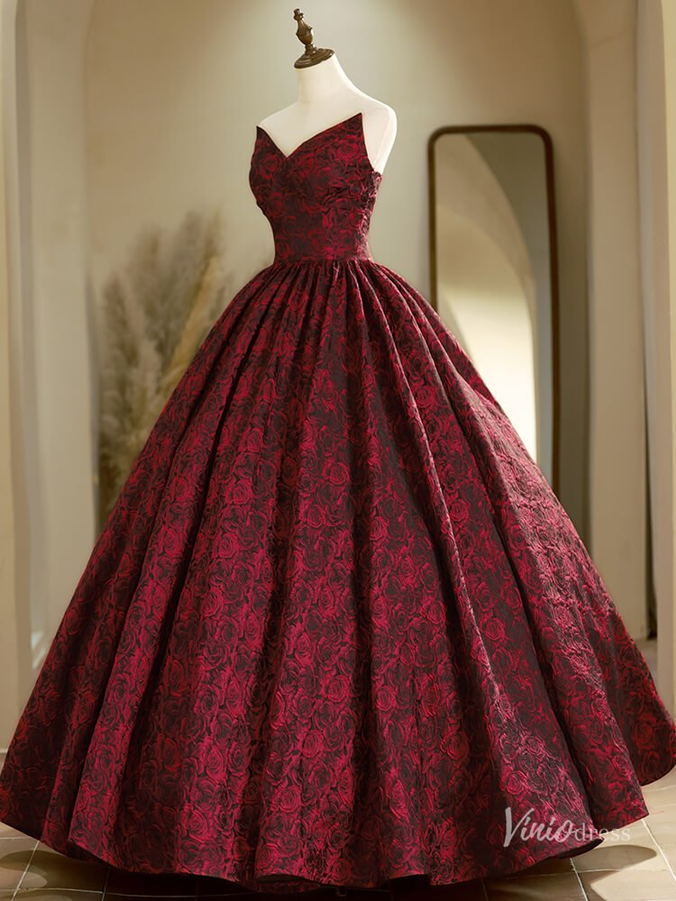 Strapless Burgundy Sweetheart Neck Prom Ball Gown Floral Jacquard Quinceanera Dresses BG019 - Viniodressprom dressesBurgundyCustom Size - Formal Dresses - Ball Gowns