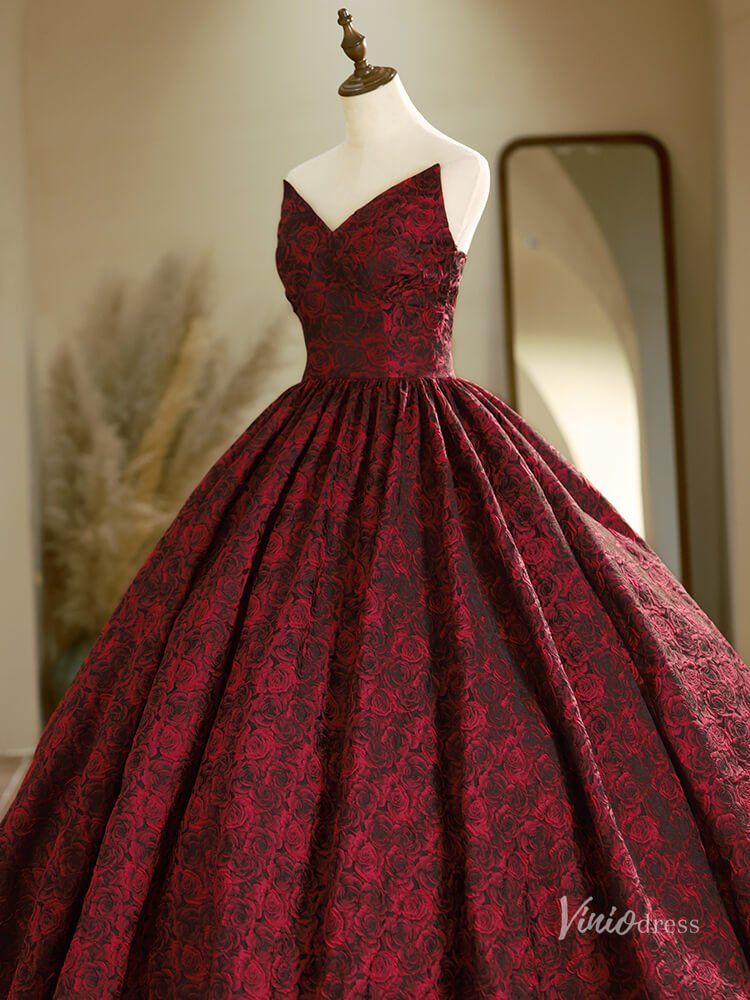 Strapless Burgundy Sweetheart Neck Prom Ball Gown Floral Jacquard Quinceanera Dresses BG019 - Viniodressprom dressesBurgundyCustom Size - Formal Dresses - Ball Gowns