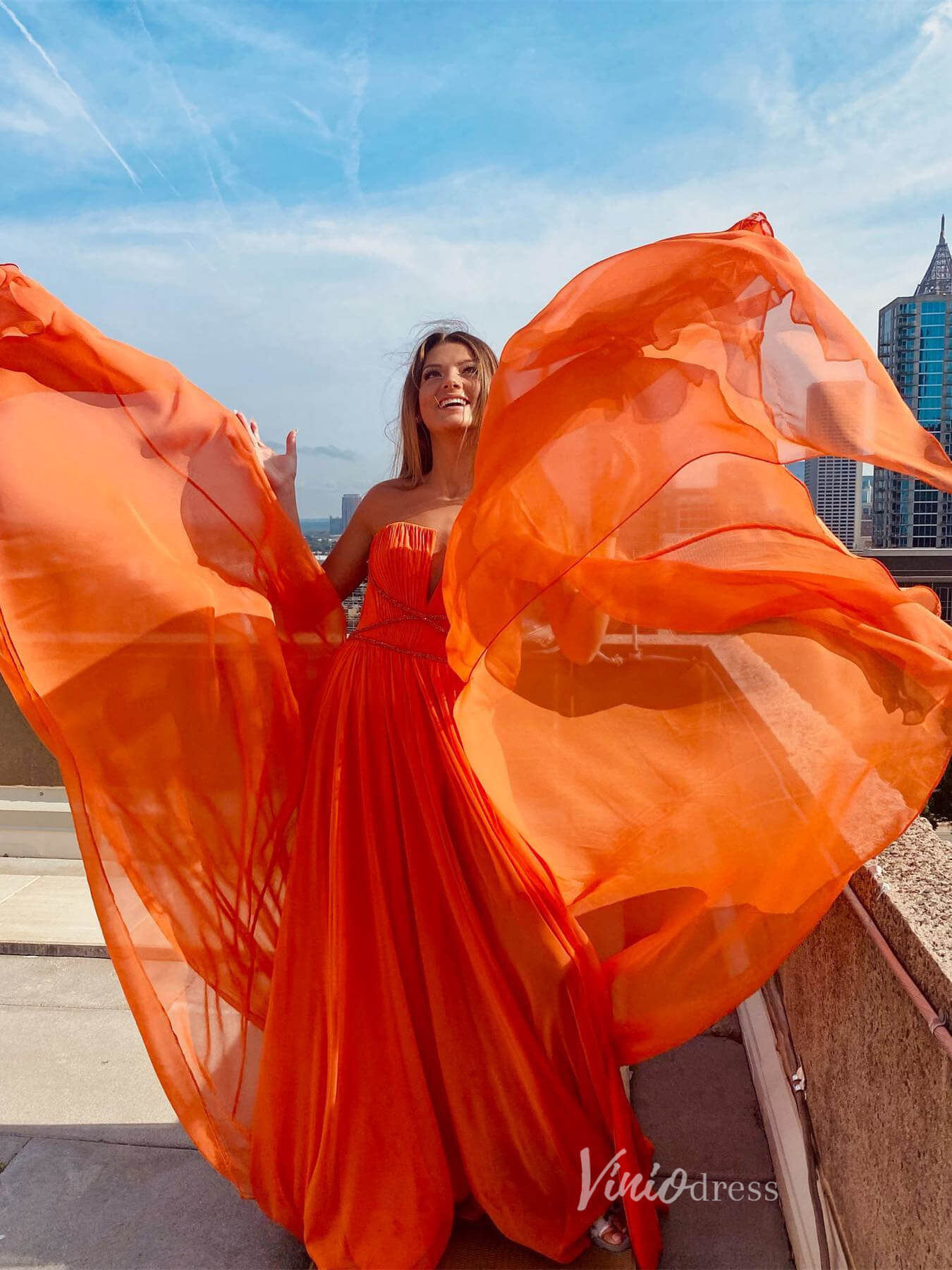 Prom Dress 2025 Strapless Chiffon Prom Dresses with Slit Pleated Bodice V-Neck FD3971-unique prom dresses-Orange-Custom Size-Viniodress