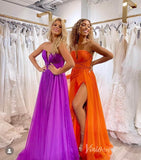 Prom Dress 2025 Strapless Chiffon Prom Dresses with Slit Pleated Bodice V-Neck FD3971-unique prom dresses-Purple-Custom Size-Viniodress