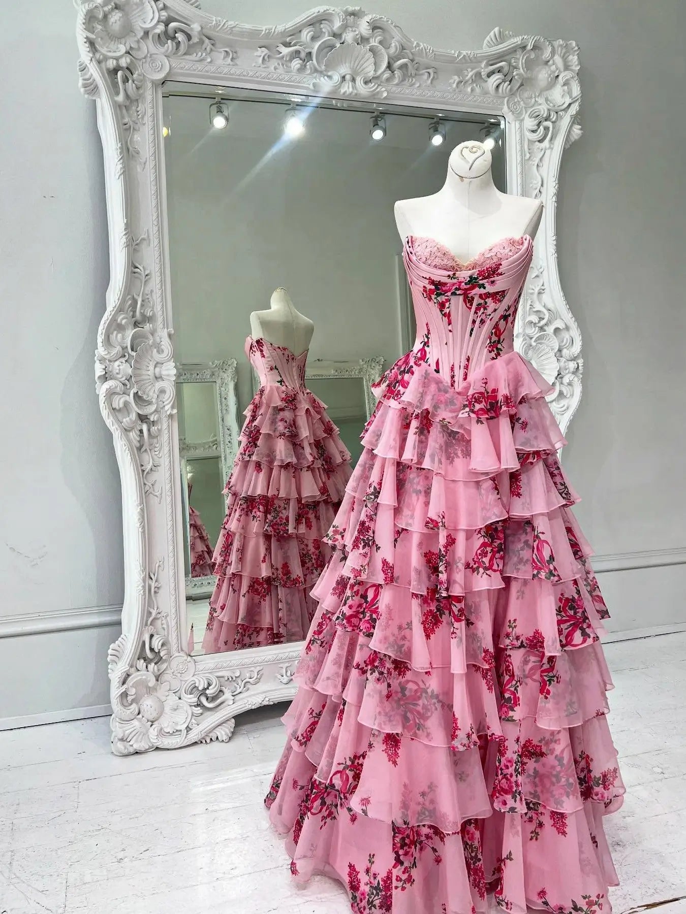 Strapless Floral Chiffon Tiered Prom Dress with Slit & Lace Sweetheart Neckline – Style FD3733 - Viniodressprom dressesPinkCustom Size - Formal Dresses - Ball Gowns