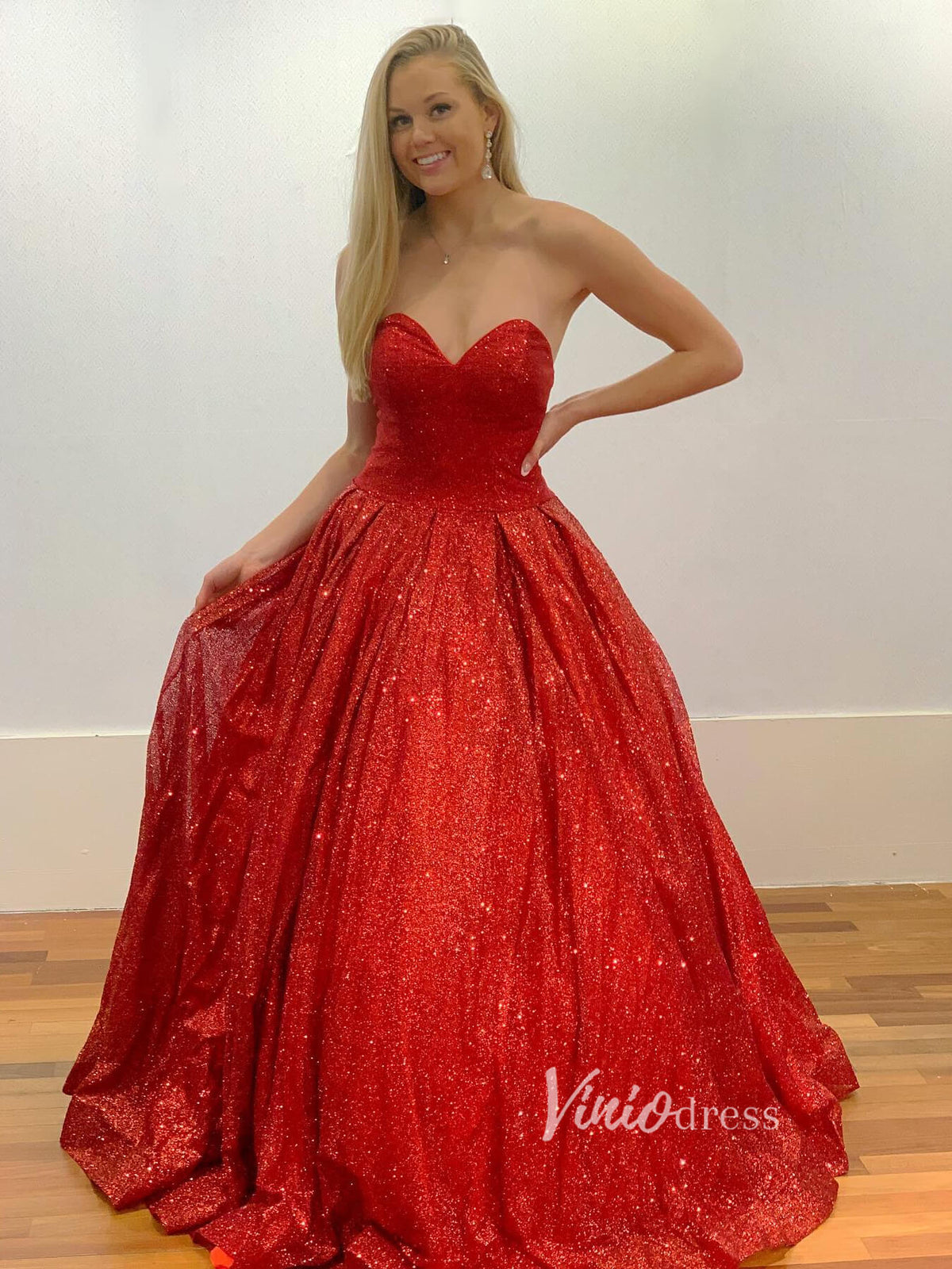 Prom Dress 2025 Strapless Glittery Red Prom Dresses Ball Gown Formal Dress FD2738-unique prom dresses-Red-Custom Size-Viniodress