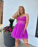 Short Prom Dresses 2025 Strapless Lace Applique Homecoming Dresses Sweetheart Neck Short Prom Dress SD1645-prom dresses-Viniodress-Purple-Custom Size-Viniodress