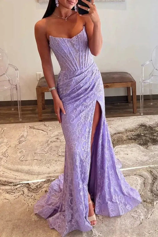 Strapless Lace Mermaid Prom Dress 2025 with Slit & Boned Bodice – FD5019 - Viniodressprom dressesLavenderCustom Size - Formal Dresses - Ball Gowns