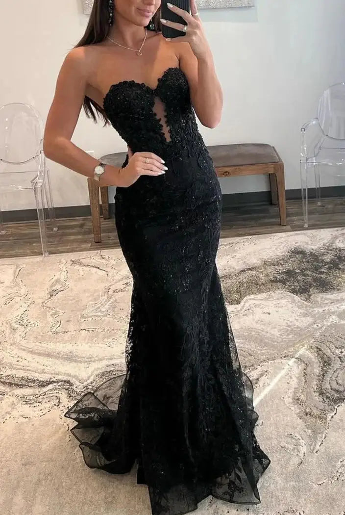 prom dresses 2025 Strapless Lace Mermaid Prom Dress 2025 with Sweetheart Neck – FD5018-plus size wedding dresses Viniodress-Black-Custom Size-