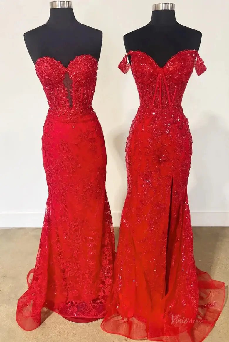 Strapless Lace Mermaid Prom Dress 2025 with Sweetheart Neck – FD5018 - Viniodressprom dressesRedCustom Size - Formal Dresses - Ball Gowns