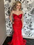 prom dresses 2025-to impress Strapless Lace Mermaid Prom Dresses 2025 with Bow – FD5059-plus size wedding dresses Viniodress-Red-Custom Size-