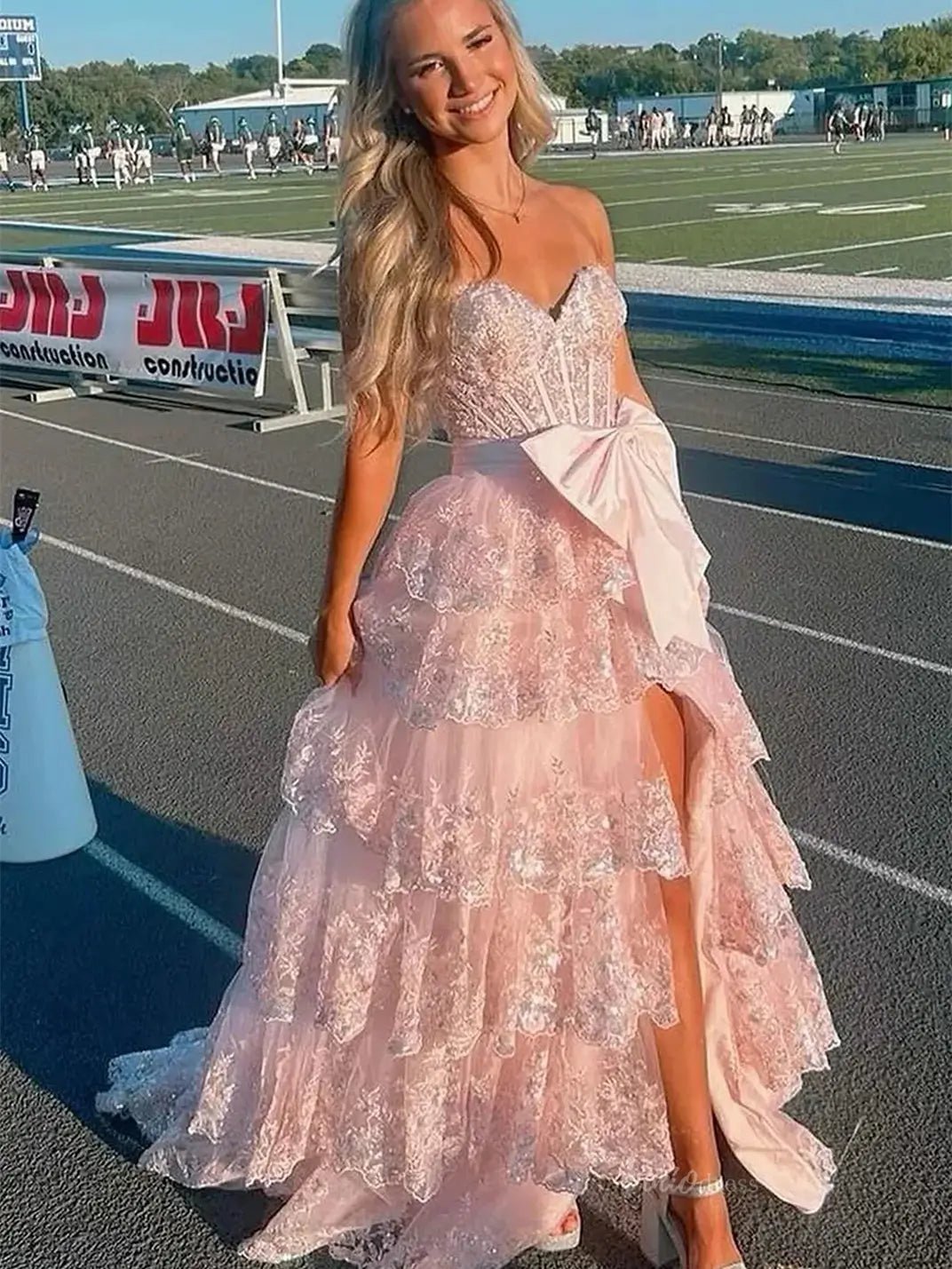 Strapless Lace Tiered Prom Dresses with Slit Sweetheart Neck Bow Tie Formal Dresses - FD3636f - Viniodressprom dressesPinkCustom Size - Formal Dresses - Ball Gowns