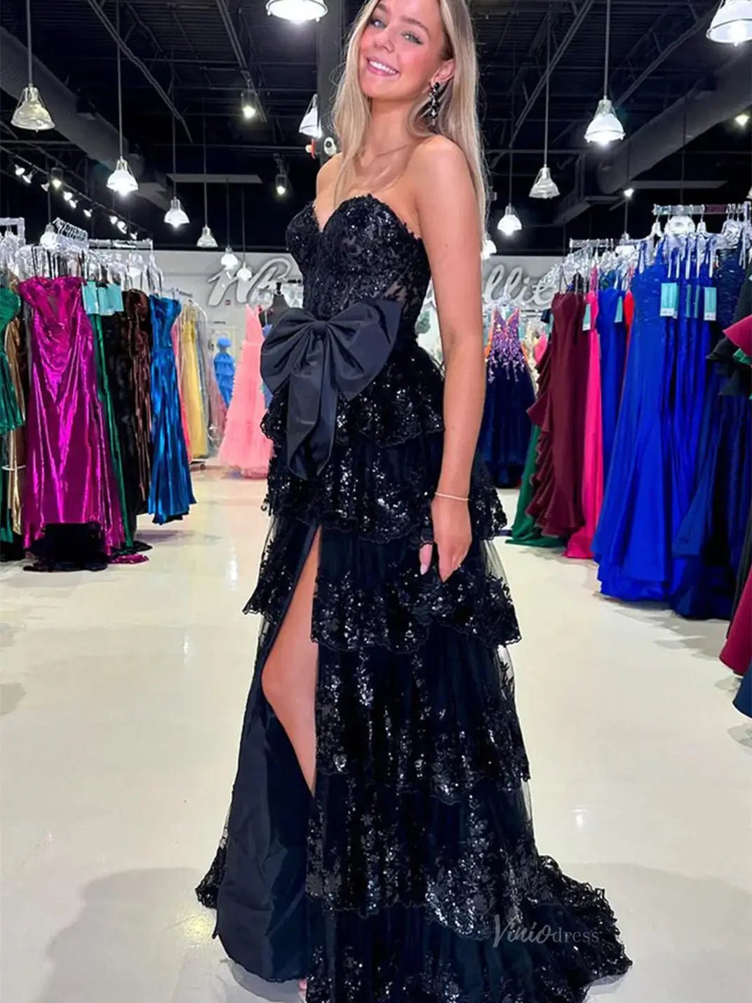 Strapless Lace Tiered Prom Dresses with Slit Sweetheart Neck Bow Tie Formal Dresses - FD3636f - Viniodressprom dressesBlackCustom Size - Formal Dresses - Ball Gowns