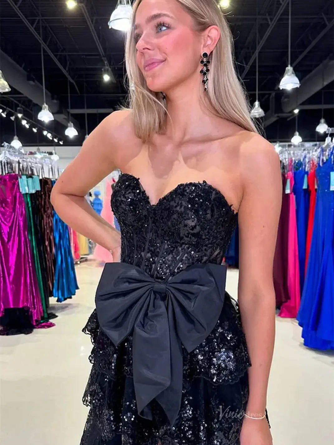 Strapless Lace Tiered Prom Dresses with Slit Sweetheart Neck Bow Tie Formal Dresses - FD3636f - Viniodressprom dressesBlackCustom Size - Formal Dresses - Ball Gowns