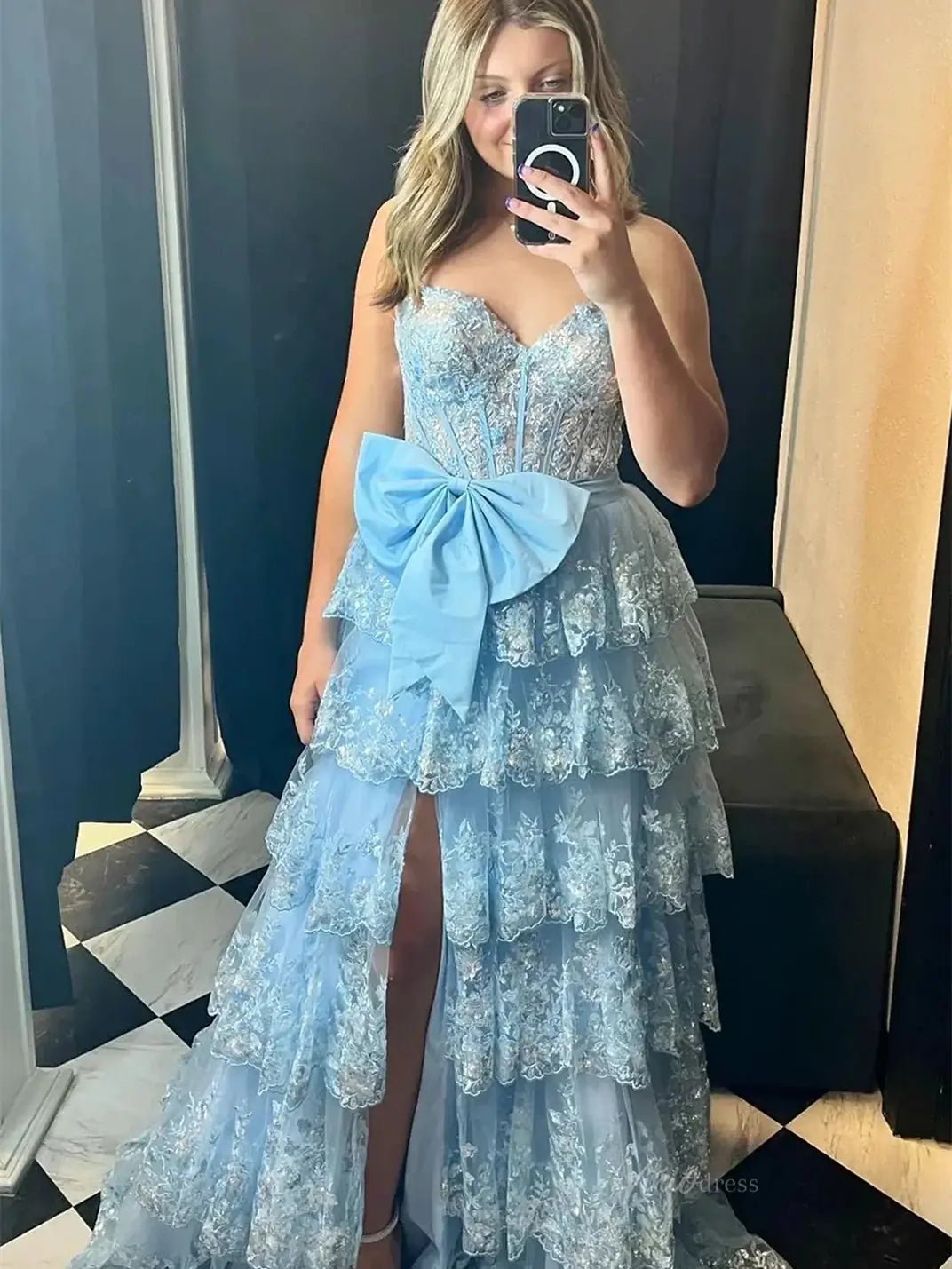 Strapless Lace Tiered Prom Dresses with Slit Sweetheart Neck Bow Tie Formal Dresses - FD3636f - Viniodressprom dressesLight BlueCustom Size - Formal Dresses - Ball Gowns