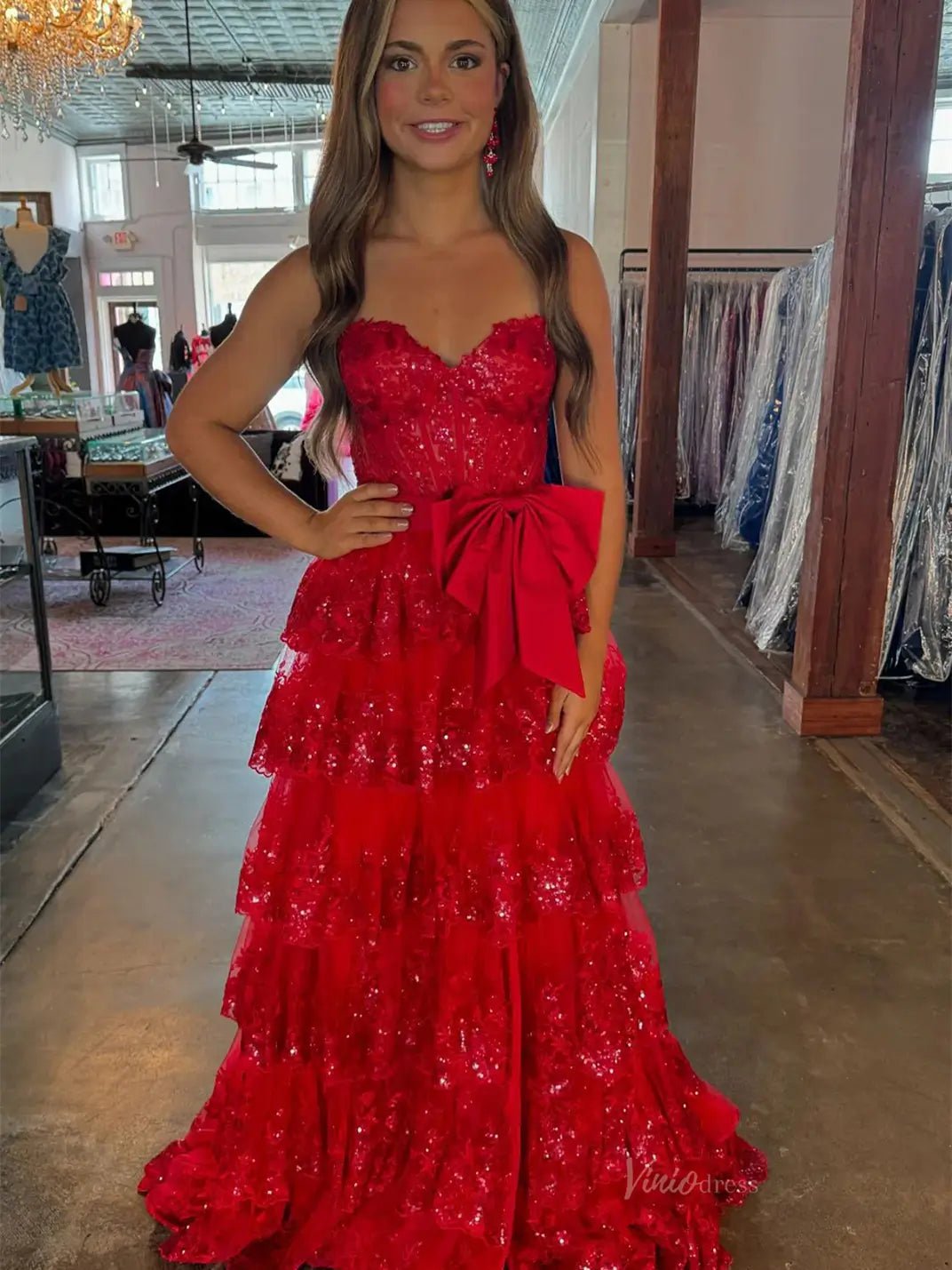 Strapless Lace Tiered Prom Dresses with Slit Sweetheart Neck Bow Tie Formal Dresses - FD3636f - Viniodressprom dressesRedCustom Size - Formal Dresses - Ball Gowns