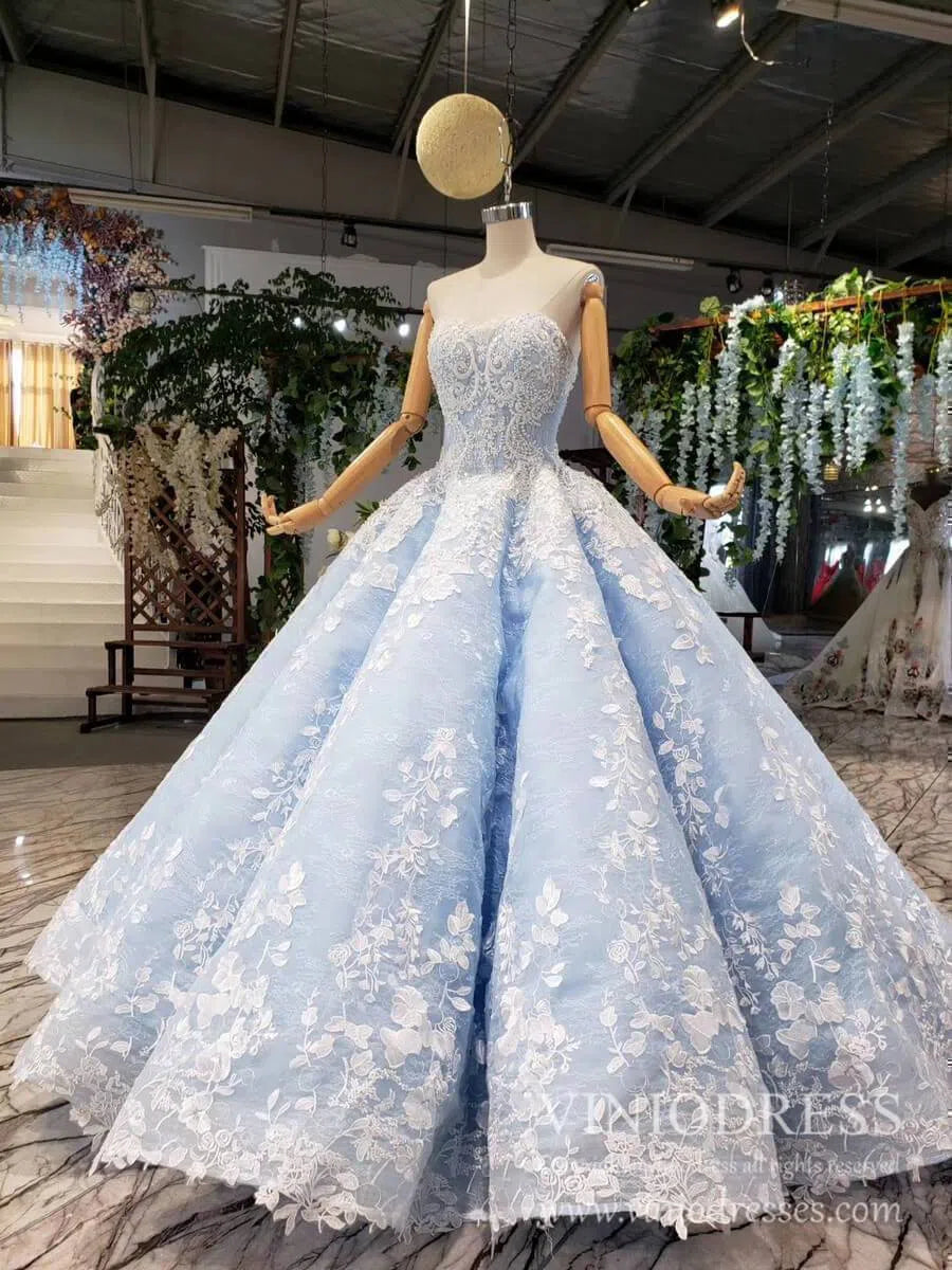 prom dresses 2025 Strapless Light Blue Floral Quinceanera Dresses Beaded Lace Sweet 15 Dress FD1945 viniodress-plus size wedding dresses Viniodress-Light Blue-Custom Size-