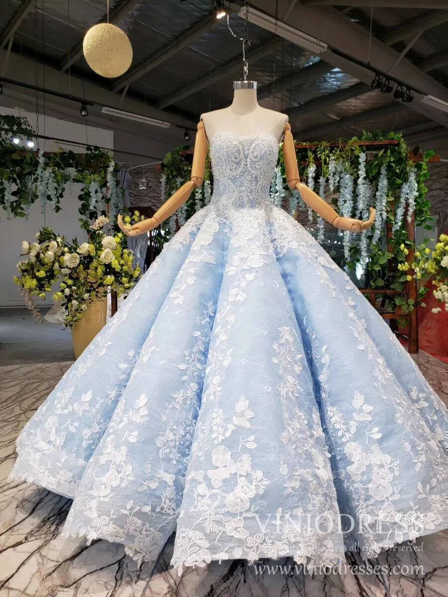 prom dresses 2025 Strapless Light Blue Floral Quinceanera Dresses Beaded Lace Sweet 15 Dress FD1945 viniodress-plus size wedding dresses Viniodress-Light Blue-Custom Size-